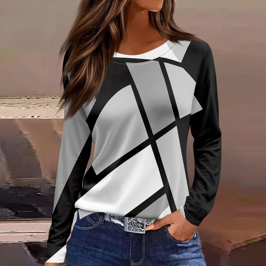 Women's Fashion Casual Slit Hem Round Neck Long Sleeve Loose  Printed T-Shirt Ladies Top