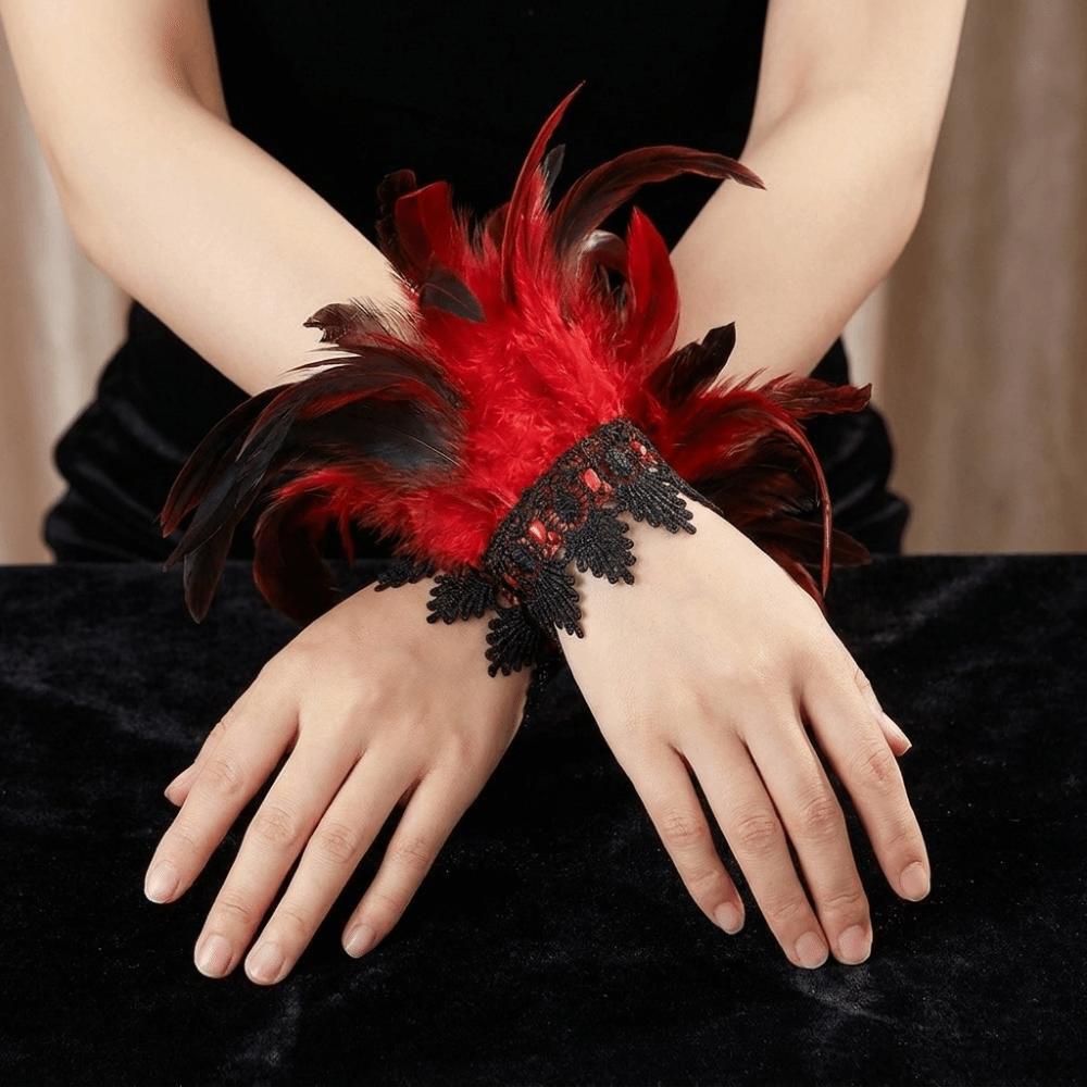 Black Lace Fluffy Feather Wrist Cuffs Lightweight Plume Bracelet Halloween Arm Cuff Gloves Cosplay