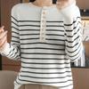 Autumn and Winter New Striped Crew Neck Buckle Women's Long-sleeved Knitted Sweater Top Contrasting Color Strip Pullover Bottoming Shirt