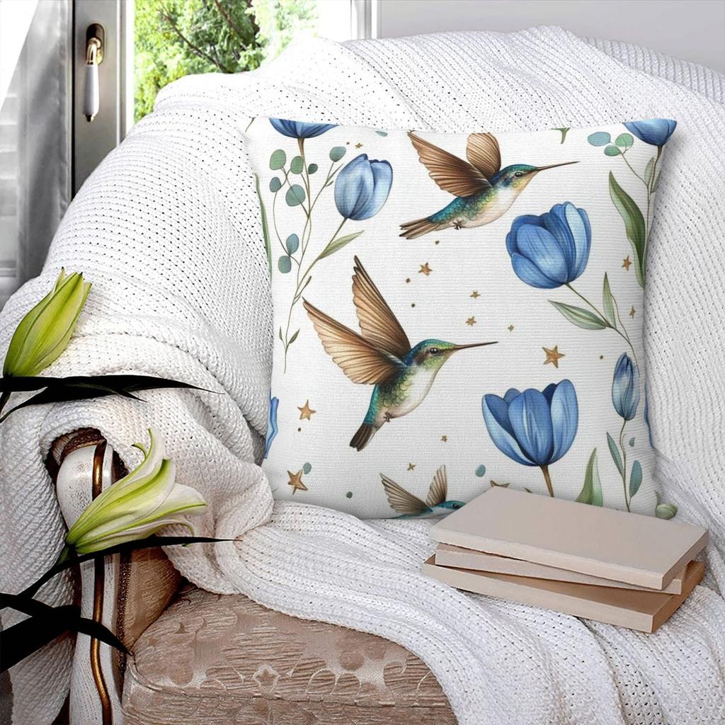 Tulips And Hummingbirds Square Pillowcase Pillow Cover Polyester Cushion Zip Decorative Comfort Throw Pillow for Home Car