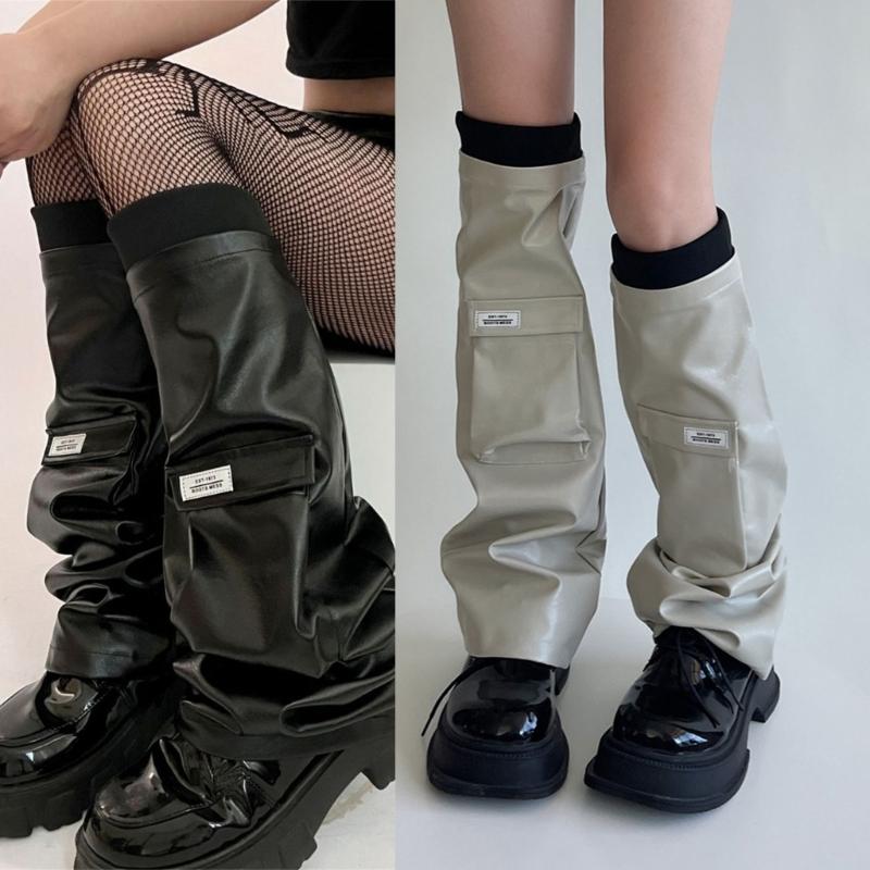 Womens PU Leathers Leg Warmers Long Leg Sleeve Socks Warm Adult Girls Boot Socks Party Casual Streetwear