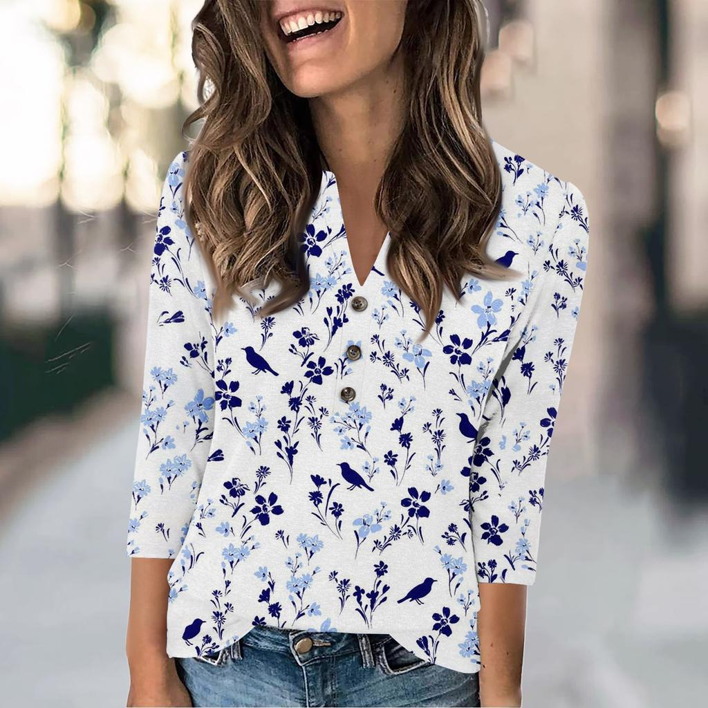 Women's Fashion Casual Loose 3/4 Sleeve Printed Round Neck Top