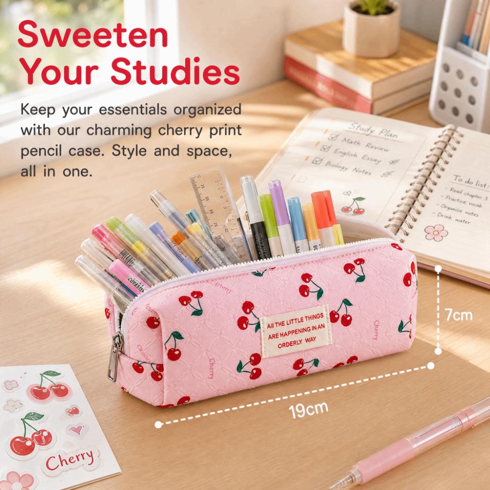 Cherry Print Pen Bag Large Capacity Pencil Pouch Stationery Organizer  School Office Supplies