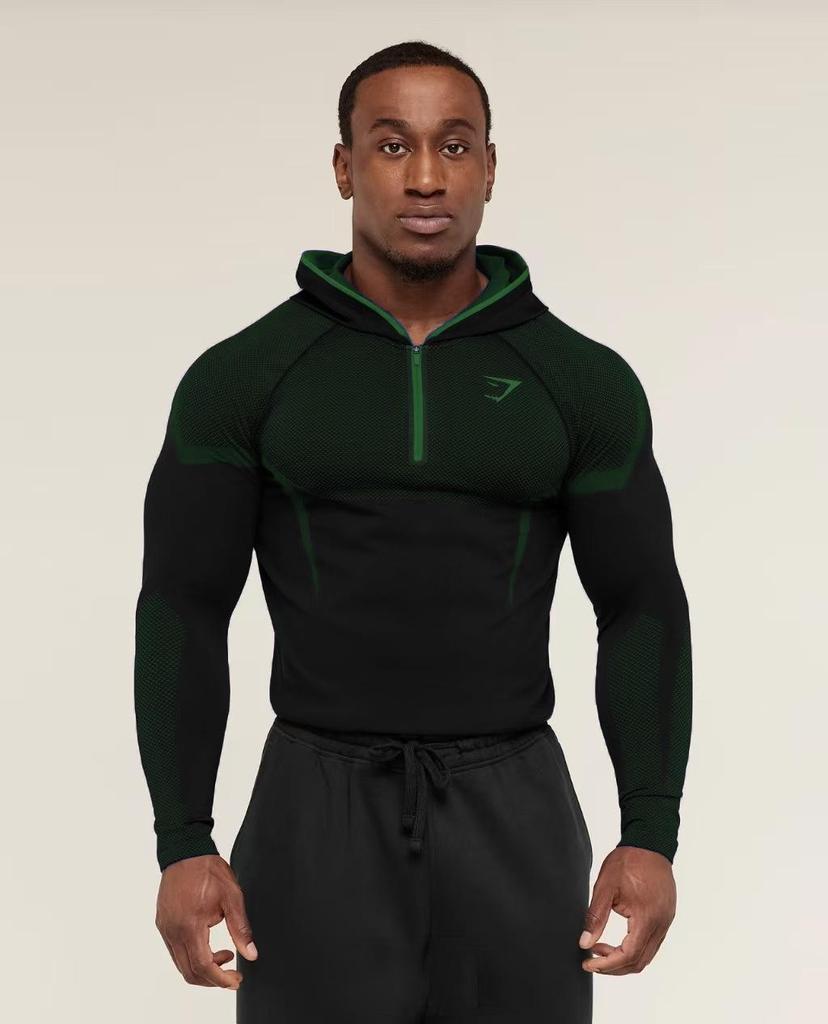 Мужская фитнес-футболка с длинным рукавом и капюшоном GYMSHARK Onyx с высокой эластичностью