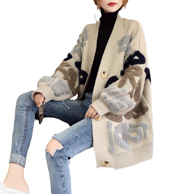 Весенне-осенний кардиган свободного кроя в корейском стиле - вышивка букв и дизайн с цветовыми блоками