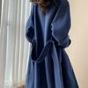 Women's Dark Blue Long Coat with Black Top, Elegant Outerwear for Casual and Office Wear