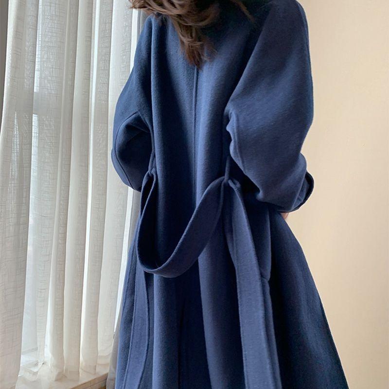 Women's Dark Blue Long Coat with Black Top, Elegant Outerwear for Casual and Office Wear