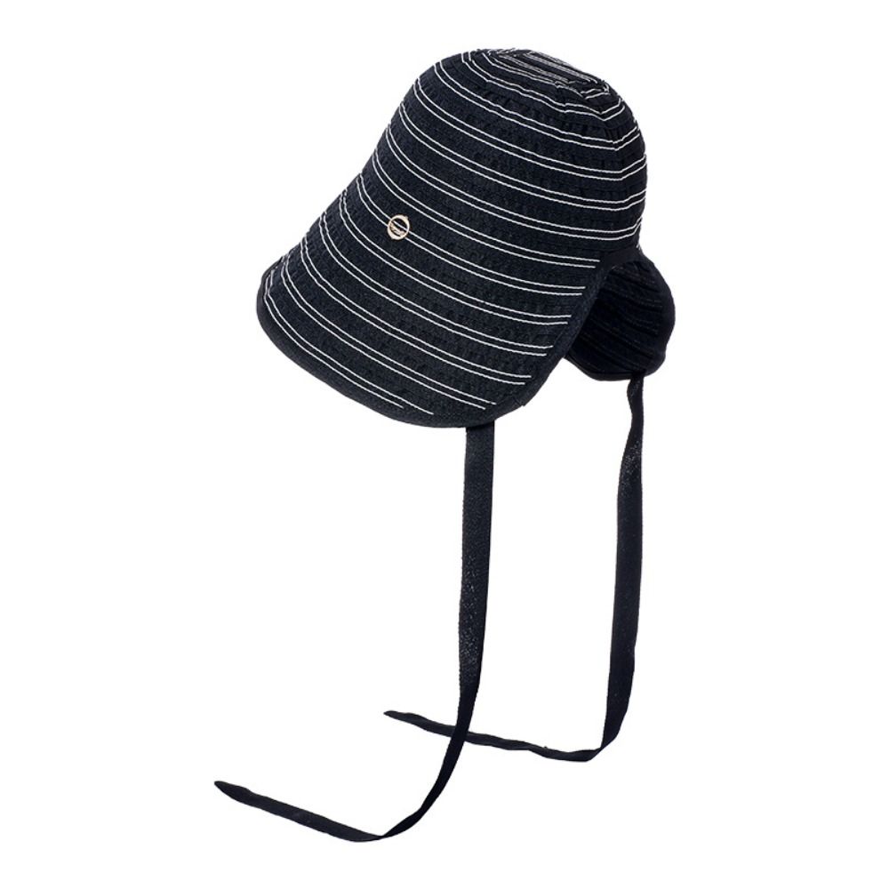 Solid Color Women Striped Fisherman Hat Ribbon Sunshade Hat Casual Bucket Hat Beach