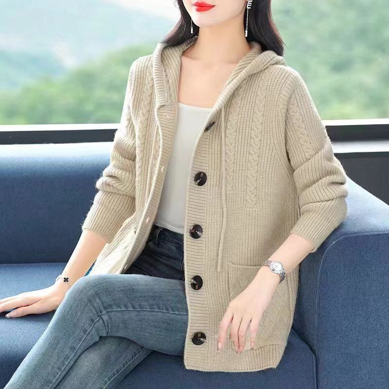 Thick Knitted Hooded Cardigan for Middle-aged and Elderly Women In Short Length