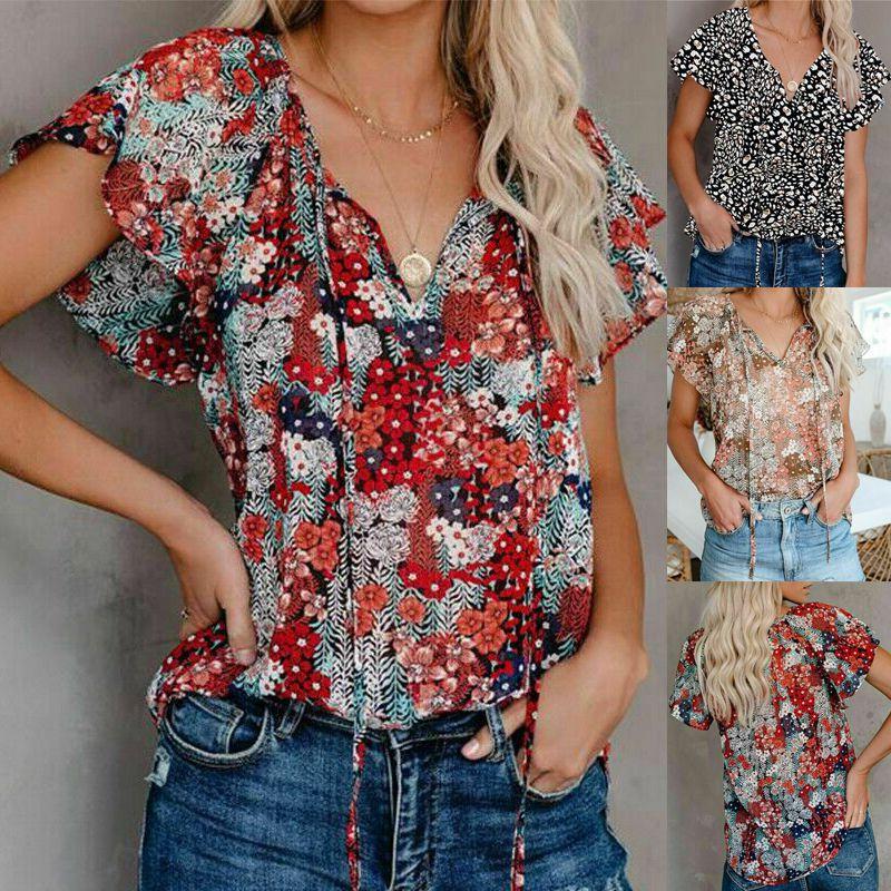 Elegant Womens Summer V Neck Short Sleeve T Shirt Featuring Vibrant Floral Print Design