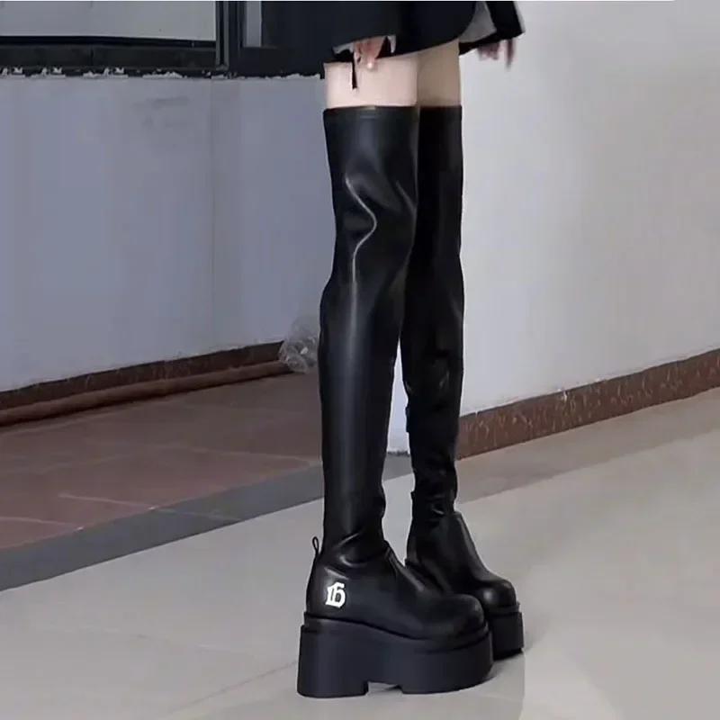 Женские сапоги выше колена на высоком каблуке, осенне-зимние, новые, на платформе, из искусственной кожи, высокие сапоги, женские, с пряжкой, черные, длинные, Botas