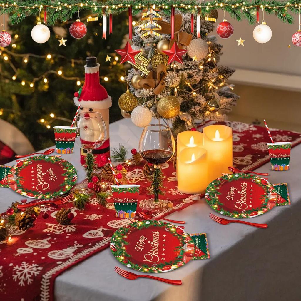 Christmas Party Tableware, Family Gathering Disposable Plates, Napkins, Cups, Decorations