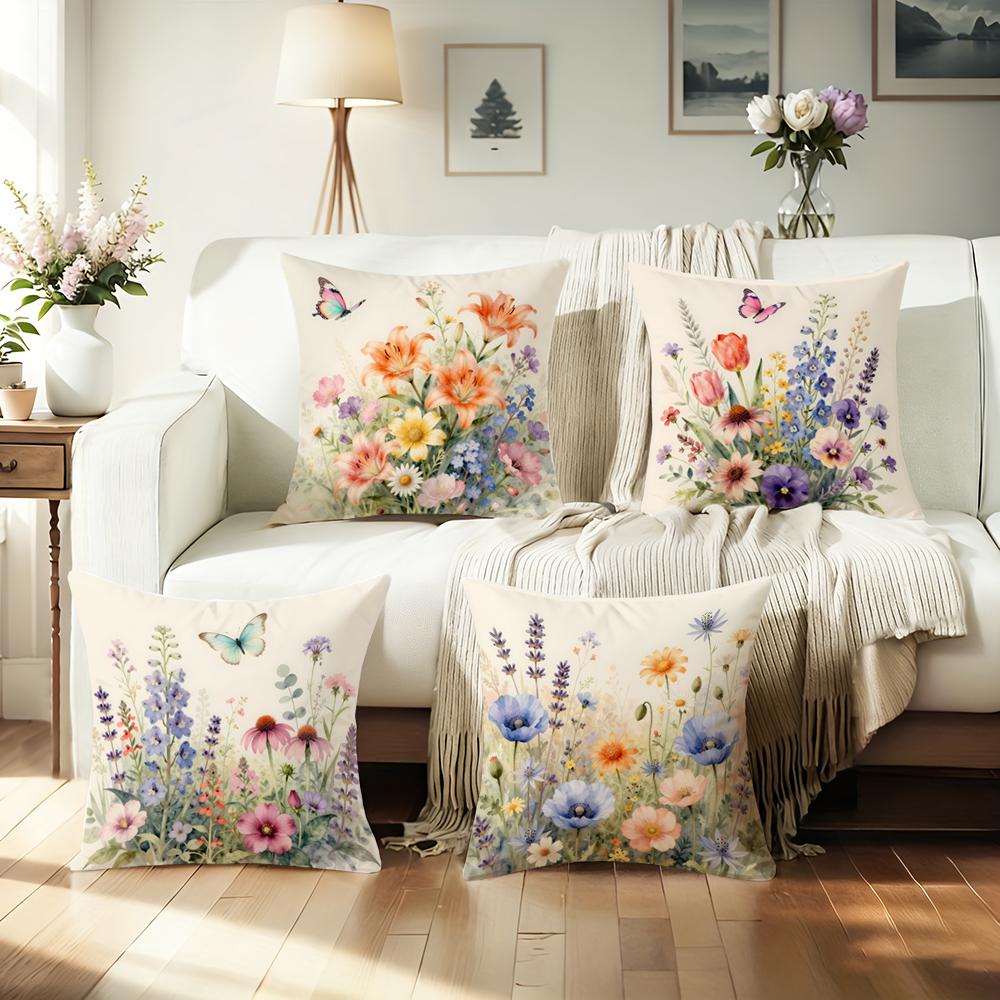 1/4Pcs Floral Printed Pillowcases With Butterfly Motifs Sofa Cushion Cover Home Bedroom Room Decoration