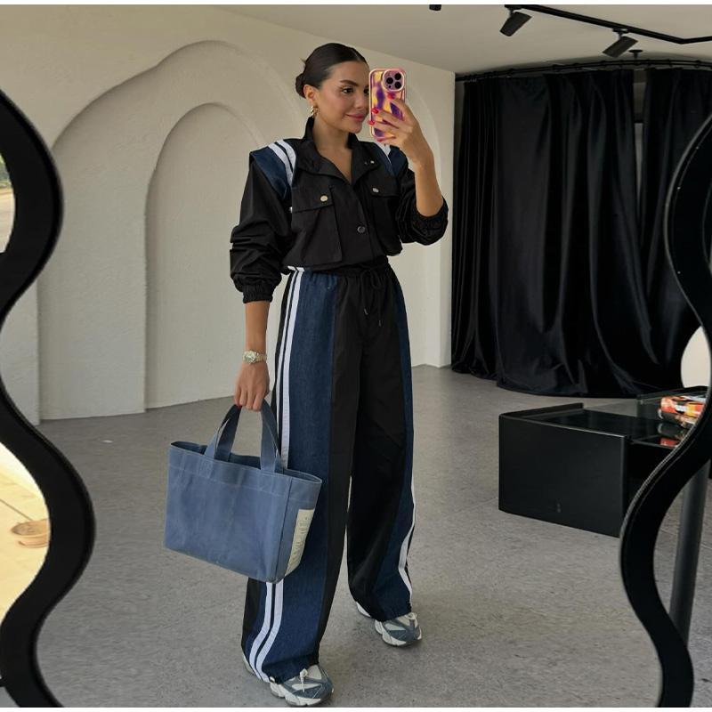 Women Casual Elegant Sports Two-piece Set Spring New Denim Splicing Turn-down Collar High Waist Slim Straight Leg Pants for Women