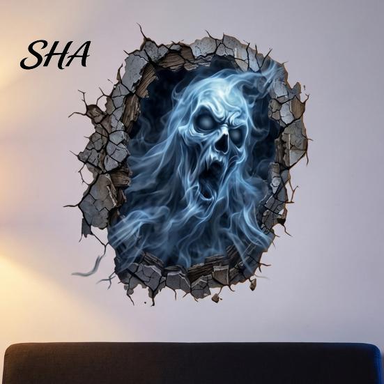 Removable Broken Wall Monster Decals Halloween 3D Decal, Breakout Illusion Sticker with Skull Ghost, Spooky Quick Scene Transformation Room Decor for