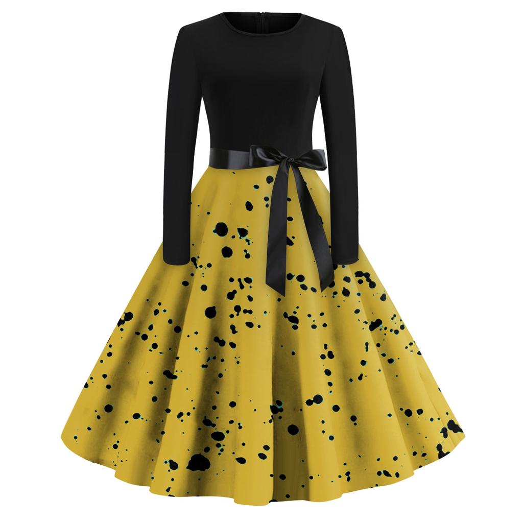 Women's Casual And Fashionable Long Sleeved R-neck Polka DotPrint Dress