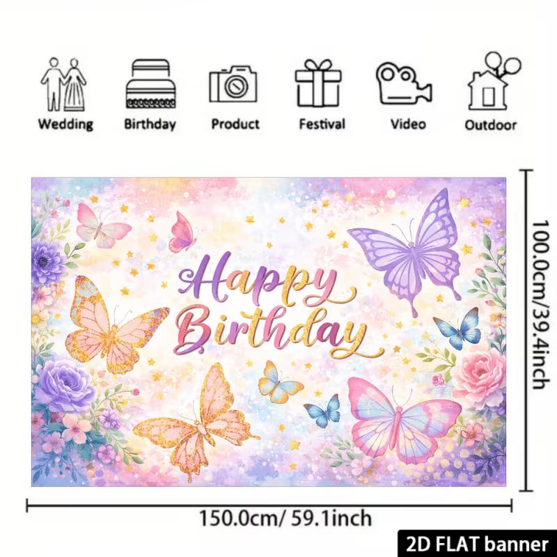 2D Whimsical Butterfly Birthday Backdrop with Flowers and Stars Photo Booth Banner