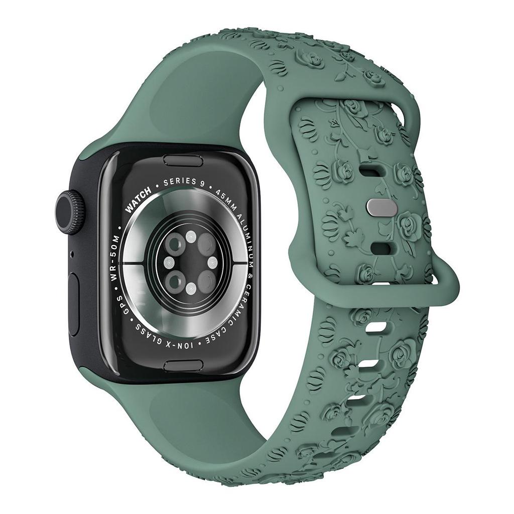 Силиконовый ремешок с тиснением в виде цветка розы для Apple Watch 9 Ultra