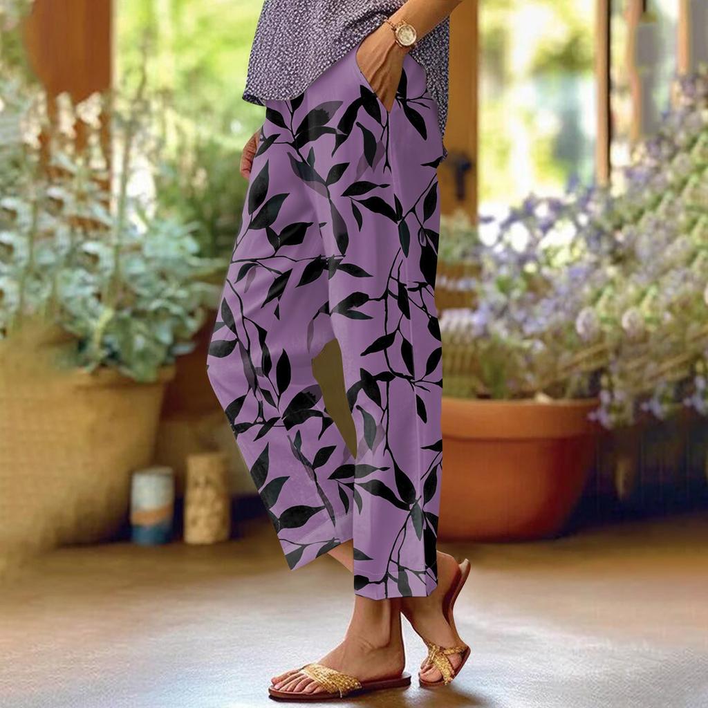 Women's Fashionable Floral Print Straight Leg Pocket Elastic Waist Casual Pants Pants