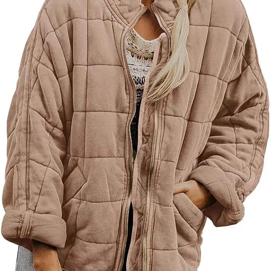 Women's Causal Lightweight Quilted Jackets Long Sleeve Oversized Warm Winter Zip Up Coat with Pockets
