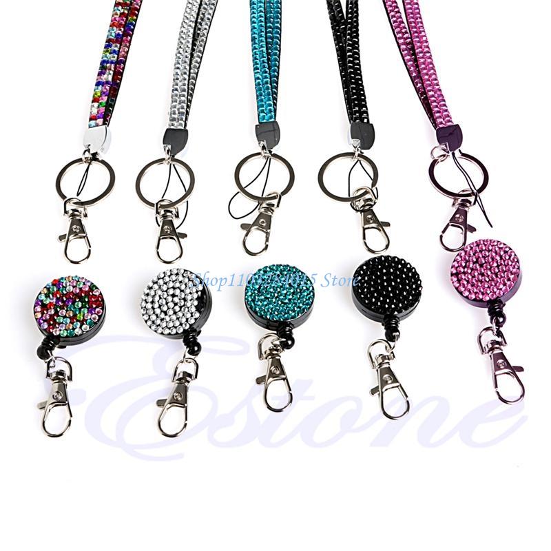 R6FF Resin Diamond Bling Neck Lanyard Retractable Badge Reel Phone for Key Holder