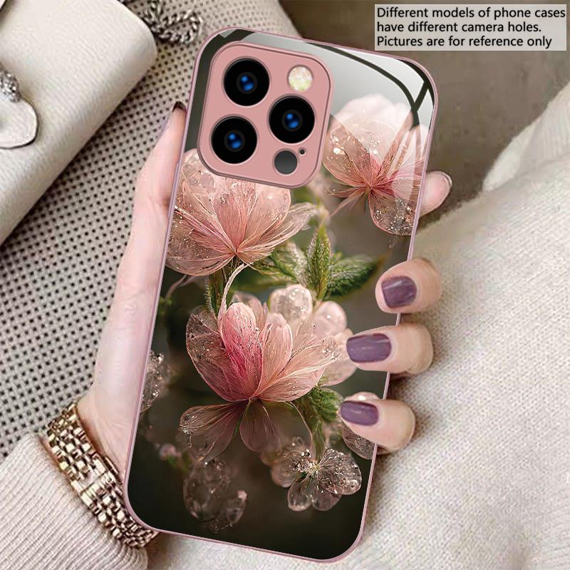 Розовый Хрустальный Цветок Для iPhone 16 E 15 14 13 Plus 12 mini 11 Pro Max XR Xs Max X 7 8 Plus 6 6S 22 Закаленное Стекло Чехол для Телефона