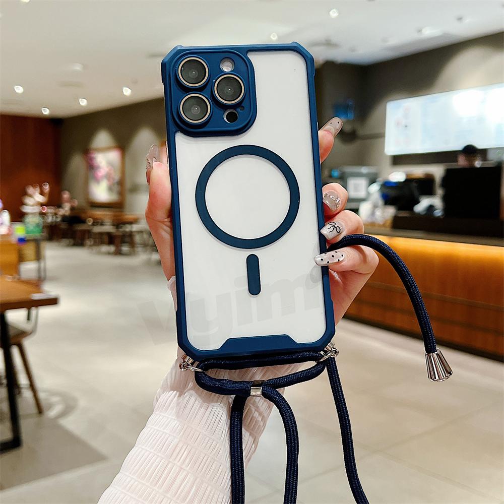 Магнитный прозрачный чехол для iPhone 15 14 13 12 11 Pro Max Plus для Magsafe Crossbody Lanyard Жесткий акриловый чехол