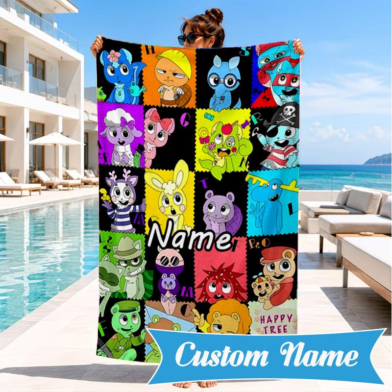 Custom Name Happy Tree Celebration Heart In Space Adventure Microfiber Beach Towel, Lightweight for Summer Travel, Swimming Pool Fan Gift