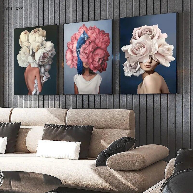 Женская голова с цветами, холст, живопись, скандинавские настенные художественные постеры, модная женская портретная картина, украшение для дома, спальни, без рамки