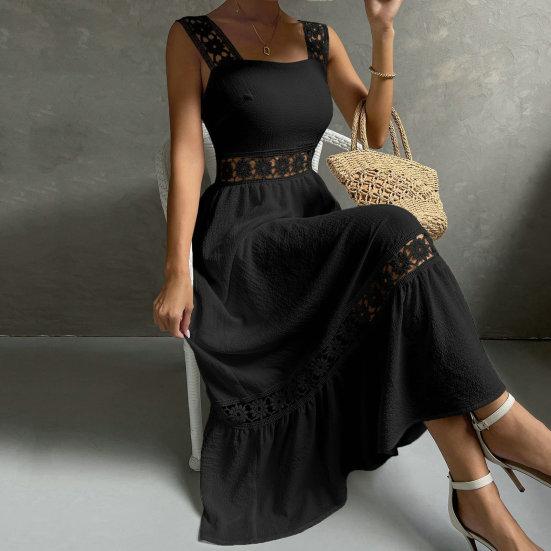 Однотонное платье на бретельках без рукавов с открытой спиной и высокой талией, свободное кружевное платье трапециевидной формы в стиле пэчворк