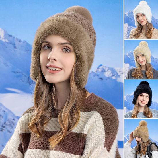 Женская зимняя шапка с ушами, толстая плюшевая шапка с помпоном, защищающая уши, трикотажная, сохраняющая тепло, эластичная, для холодной погоды, уличный головной убор