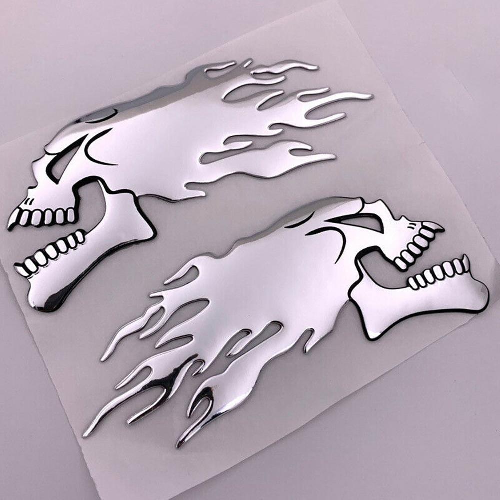 Motorbike Motorcycle Tank Car Sliver Flaming Skull 3D Gel Sticker Decal L/R Pair