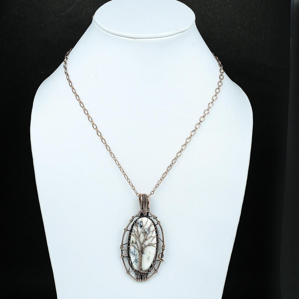 Подвеска из опала и дендрита «Дерево жизни», подвеска из драгоценного камня, подвеска из медной проволоки, дизайнерская подвеска из дендрита ручной работы, подарок другу