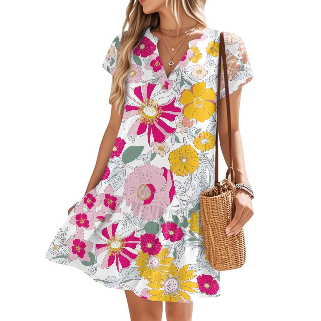 Женские платья с коротким рукавом и V-образным вырезом с цветочным принтом Свободные повседневные пляжные платья в стиле темперамент