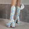 Super Waterproof Platform Strange Chunky Heel Graffiti Women's Boots Plush Inner Zipper Flock Material Knee Boots Plus Size