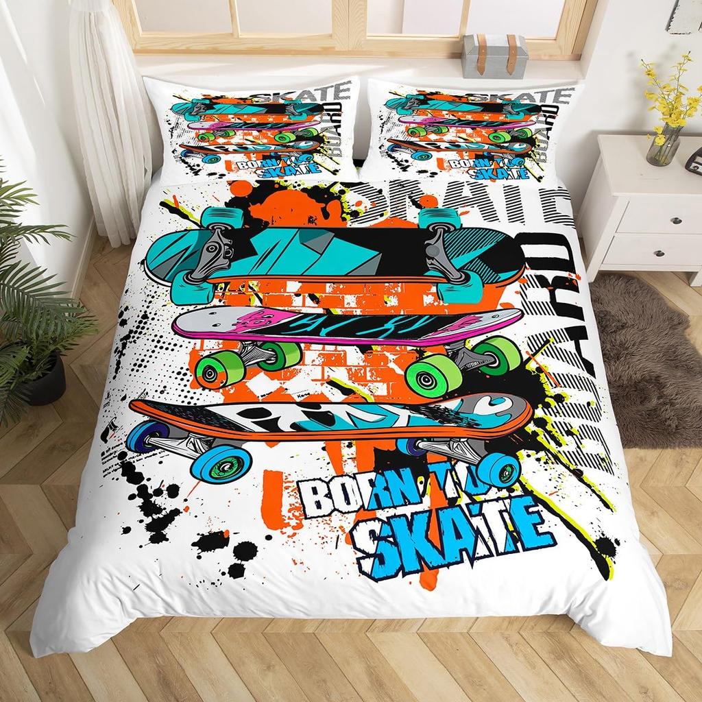 Skateboard Duvet Cover Set For Kids Teens Queen Size Lightweight Down Comforter Covers 2 Pillowcases 1 Comforter Cover No Quilt
