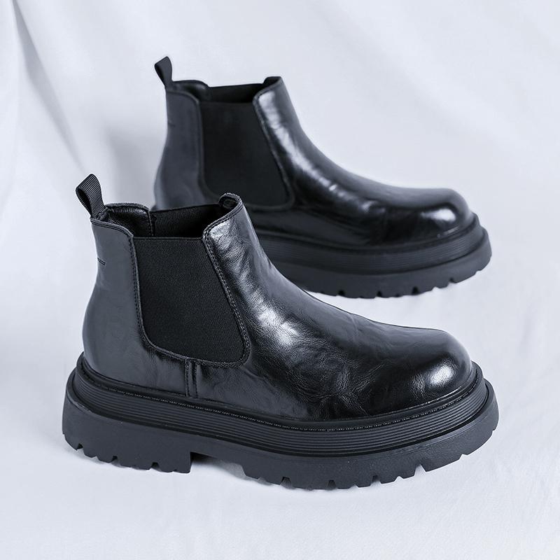 Модные мужские повседневные кожаные ботинки челси в британском стиле, высокие деловые туфли, модные мужские ботильоны с толстой подошвой, туфли без застежек