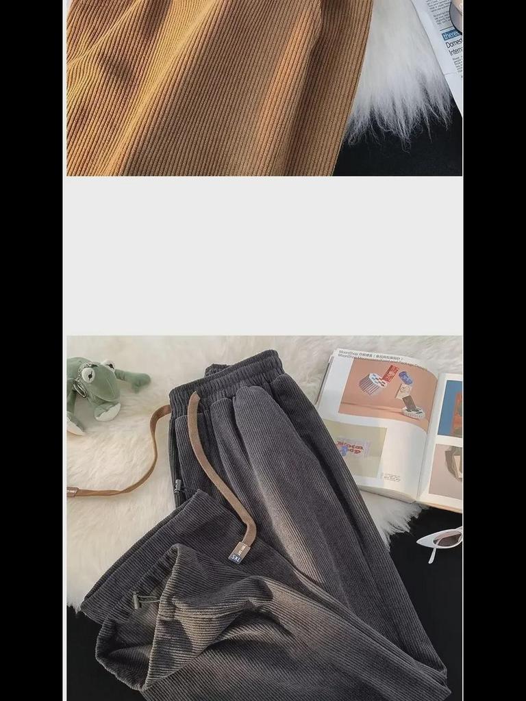 Men's Japanese Retro Corduroy Drawstring Pants - Loose, Wide-Leg, Straight Fit for Spring and Autumn