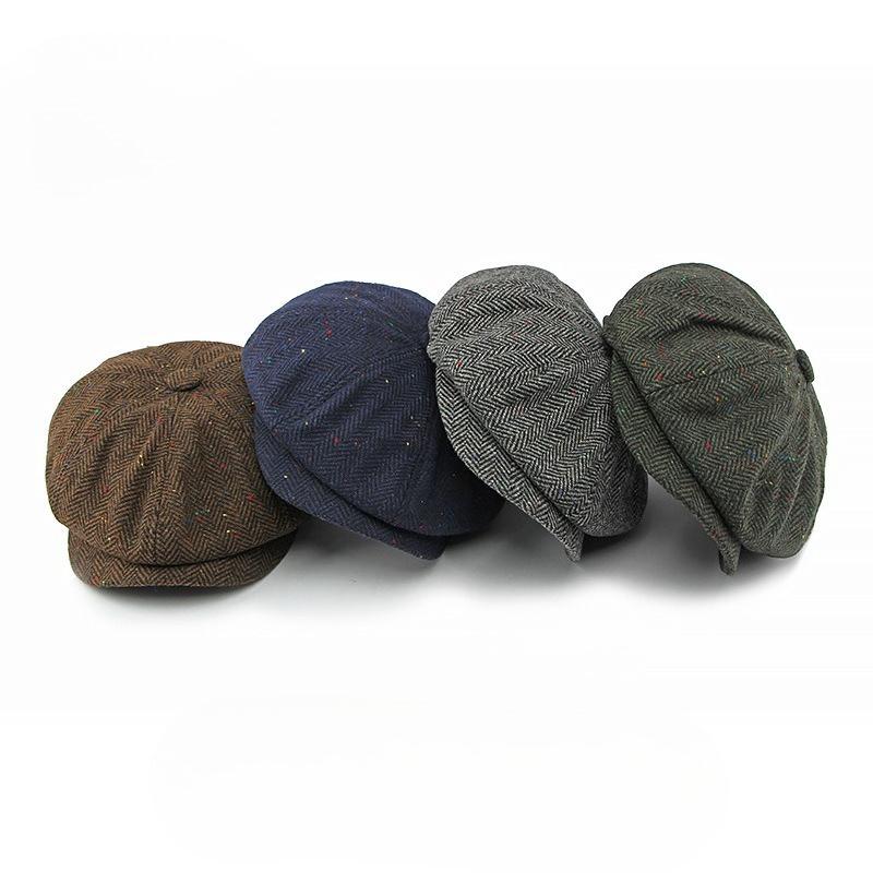 British Retro Woolen Newsboy Cap for Men Women Vintage Octagonal Hat Herringbone Baker Boy Hat Casual Flat Beret Cabbie Cap Peaky Blinders Style