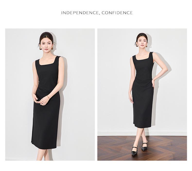 French Square Neck Sleeveless Dress - Elegant, Waist-Defined Long Skirt for Women, Summer Style