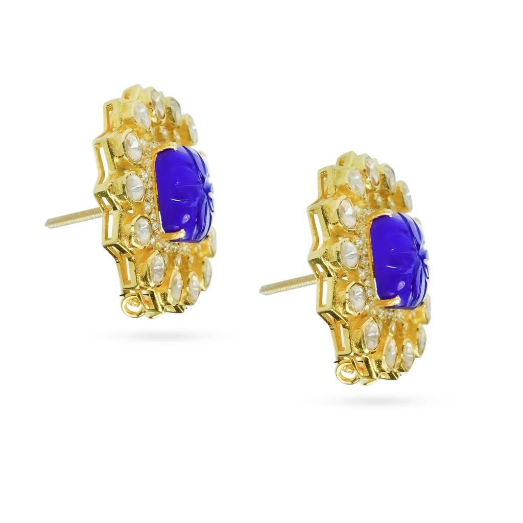 Gold Finish Moissanite Polki Stud Earrings 925 Sterling Silver