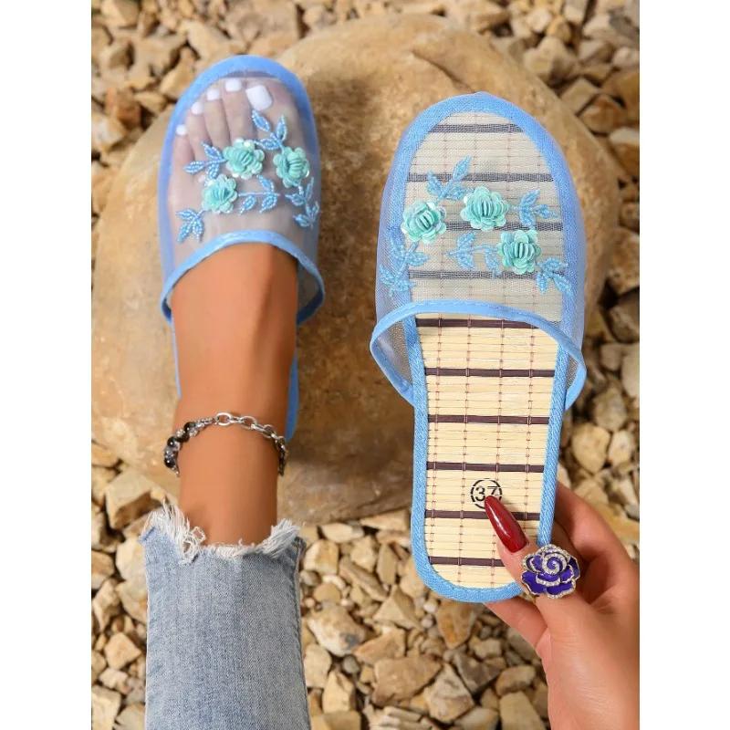 Вышитые бисером тапочки из шелковой сетки для дома и помещений, легкие, удобные и ретро-тапочки женские