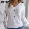 Women's Fashion Casual Solid Color Print Autumn Winter Long Sleeve V-neck Loose Sweaters