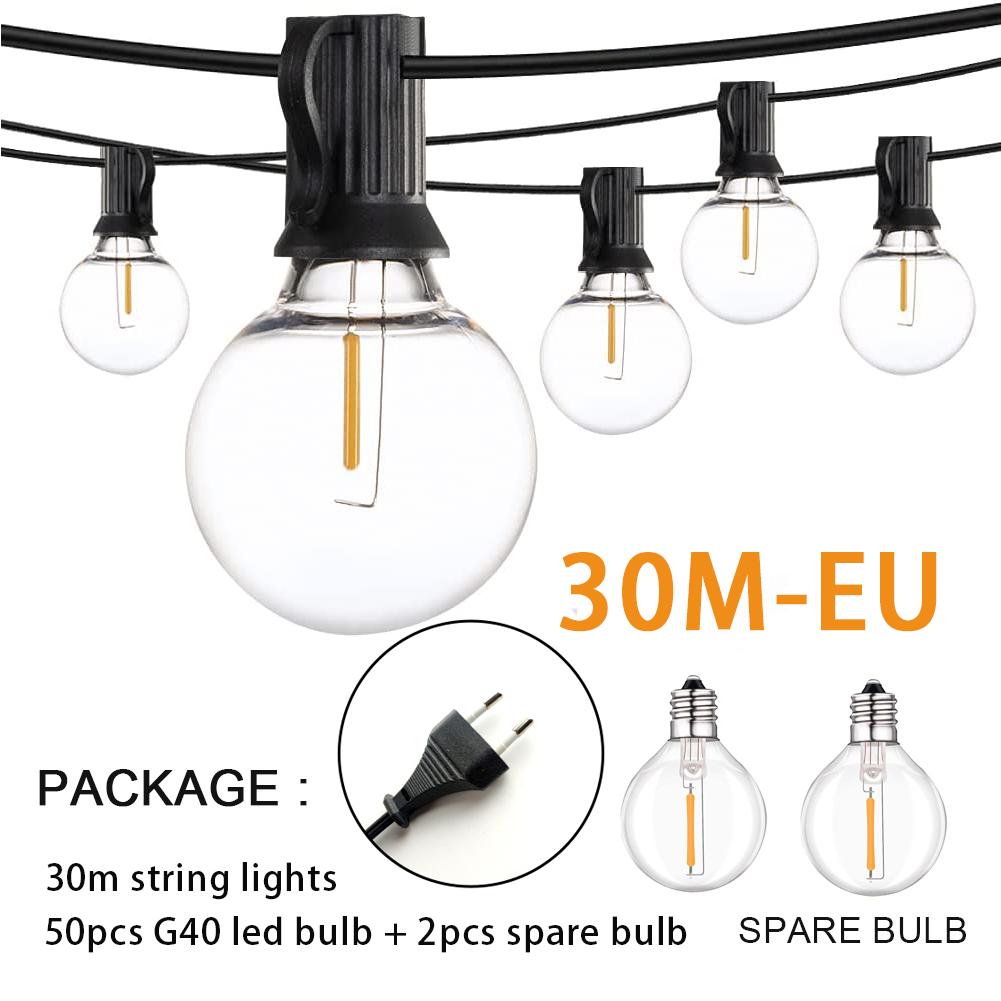 Светодиодная гирлянда 7,6 м/15 м/30 м, лампочки E12 G40, 50 светодиодов, водонепроницаемая, для улицы, сада, свадебного украшения