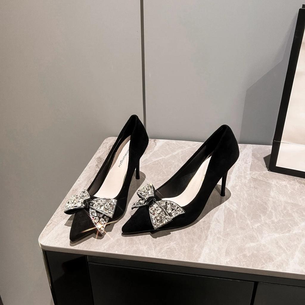 New Black Rhinestone Bow Women Pumps Luxury Banquet Shoes Sexy High Heels Shoes Women Stilettos Party Shoes Plus Size 43