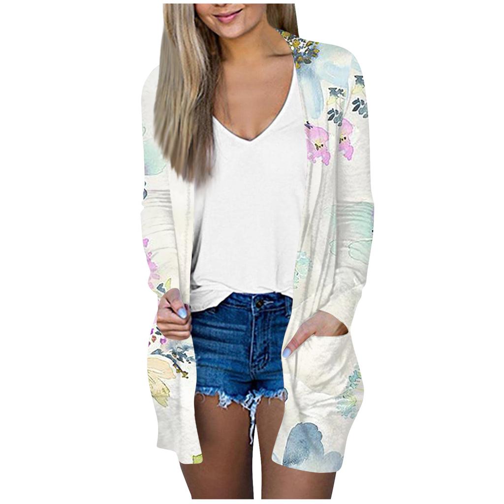 Женская модная свободная повседневная куртка-кардиган средней длины с длинными рукавами и принтом, топ