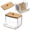 Modern Minimalist Clear Plastic and Bamboo Cotton Swab Holder with Dispenser