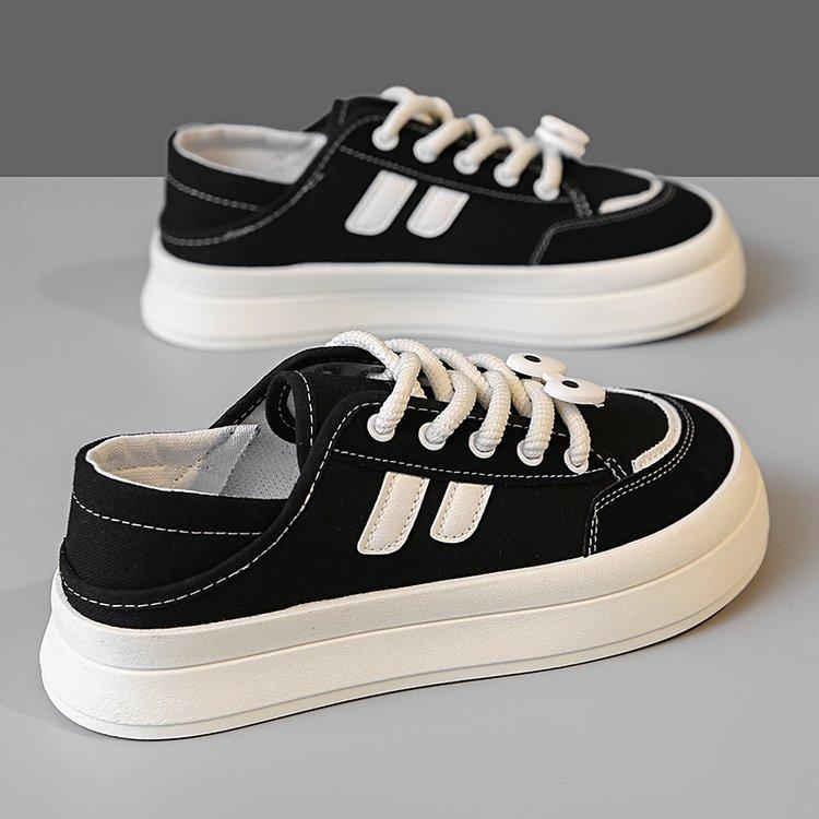 Уродливые милые круглые головки, две пары ношения парусиновых туфель, женские 2024, две пары ношения, можно ходить по ветру кампуса, одна педаль, половина перетаскивания, маленькие черные туфли