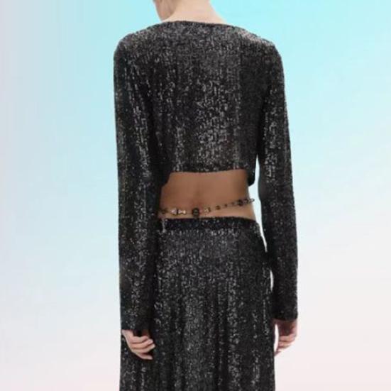 Women Crop Top Shiny Sequin O Neck Long Sleeves Waist-exposed Soft Pullover Stage Show Performance Club Party Lady Top