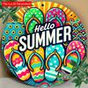 2d Flat 20*20cm "Hello Summer" Flip Wall Art, Vibrant Wooden Sign with Tropical Design, Circular Wooden Decoration, Suitable for Bars, Cafes or Clubs,
